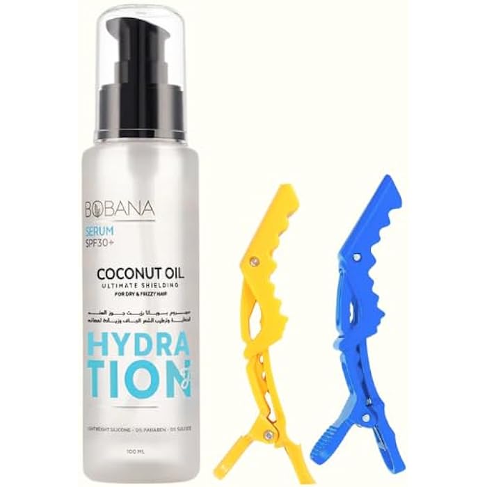 Bobana Coconut Oil Serum for Dry Hair 100ml with 2 Hair Clips Multi-Colour, SPF30 Protection - Image 3